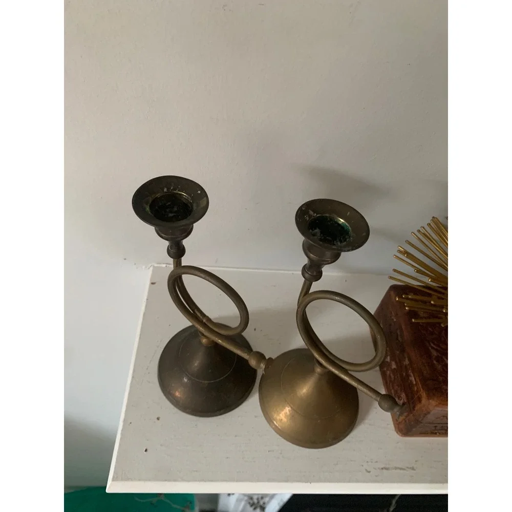 2 Vintage Brass French Horn Candlestick Holders Pair Musical Taper Candle Stands